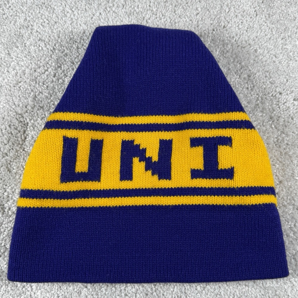 Northern Iowa Panthers UNI Winter Hat Vtg SPELL OUT Both sides ~ Purple Yellow - Picture 4 of 7